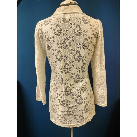 Shasha Collection Womens White Lace Button-Up Long Sleeve Blouse With Floral She - Picture 3 of 5